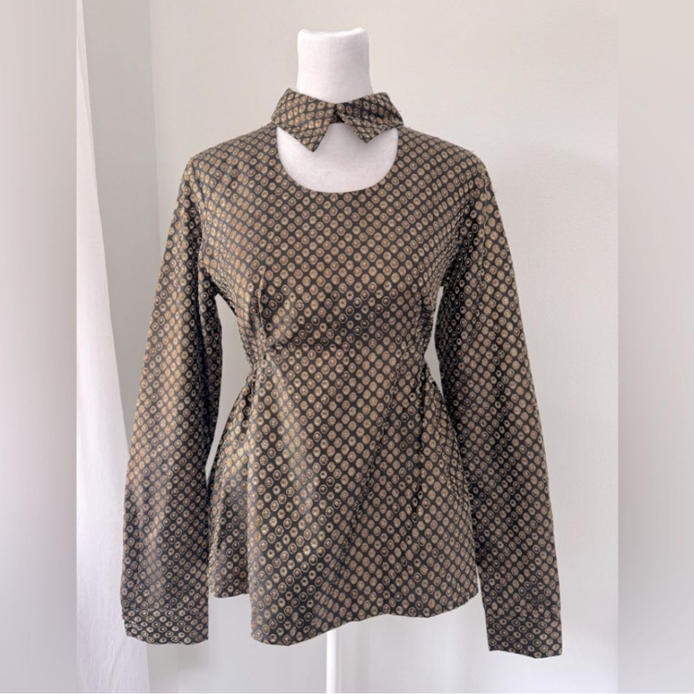 Opening Ceremony Cutout Neckline Black & Gold Collared Peplum Blouse
